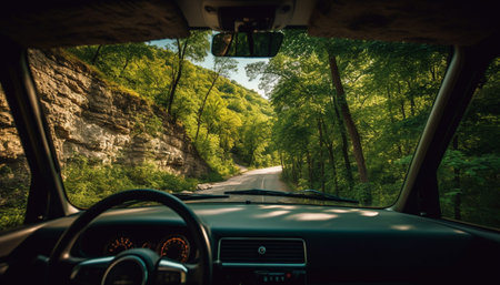 Driving through the forest, a car speeds towards nature adventure generated by artificial intelligenceの素材