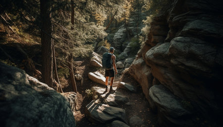 A man hiking in the forest, exploring extreme mountain terrain generated by artificial intelligenceの素材