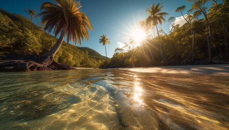 A tranquil scene of a tropical rainforest with a sunset generated by artificial intelligenceの素材