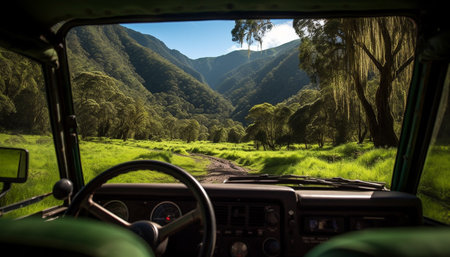 Driving through the rural landscape, a car speeds through the mountains generated by artificial intelligenceの素材