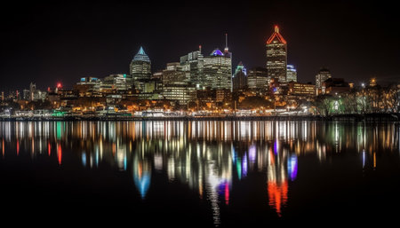 Bright city lights reflect on the water, illuminating the urban skyline generated by artificial intelligenceの素材