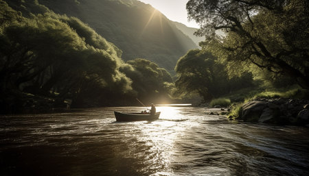 Sunset over the tranquil sea, a fisherman adventure in nature generated by artificial intelligenceの素材