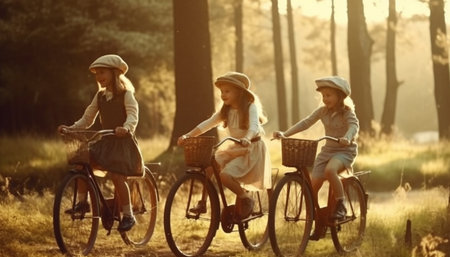 Family cycling in the forest, enjoying nature and togetherness generated by artificial intelligenceの素材