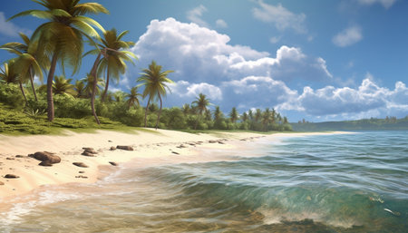 Tropical palm trees sway, waves crash, nature beauty shines generated by artificial intelligenceの素材