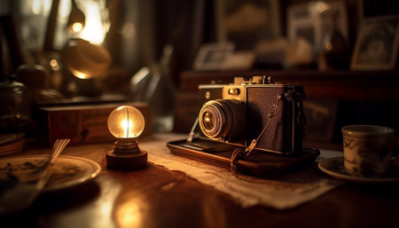 An old camera on a wooden table captures nostalgia generated by artificial intelligenceの素材