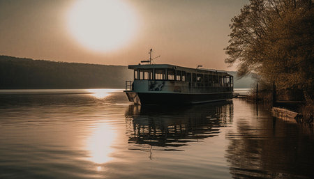 Sunset over tranquil water, nature beauty in nautical vessel generated by artificial intelligenceの素材