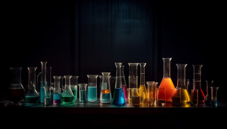 Scientist analyzing liquid in laboratory glassware for scientific experiment generated by artificial intelligenceの素材