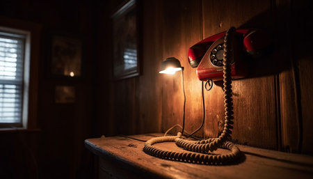 Old fashioned wooden table with antique telephone and hanging electric lamp generated by artificial intelligenceの素材