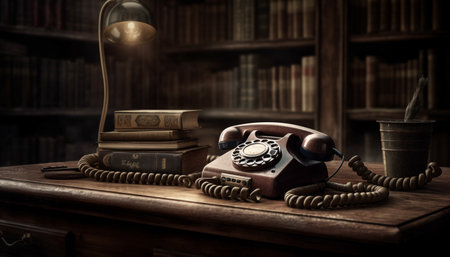 Old telephone on bookshelf, connecting memories and cultures generated by artificial intelligenceの素材