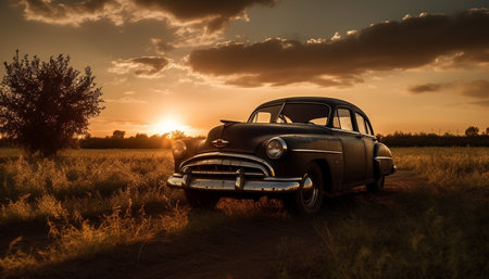 Vintage car speeds through old fashioned rural landscape at sunset generated by artificial intelligenceの素材