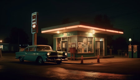 Old fashioned car illuminates dark city street at night generated by artificial intelligenceの素材