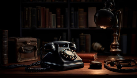 Old fashioned telephone on wooden table in dark library generated by artificial intelligenceの素材