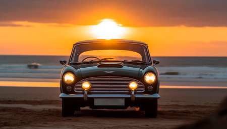 Driving an old fashioned sports car at dusk, enjoying freedom generated by artificial intelligenceの素材