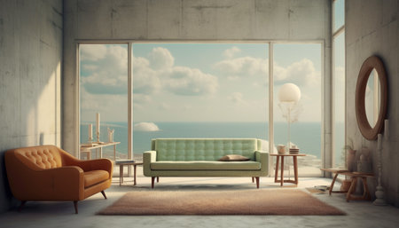 Modern living room with comfortable sofa, elegant armchair, and stylish table generated by artificial intelligenceの素材