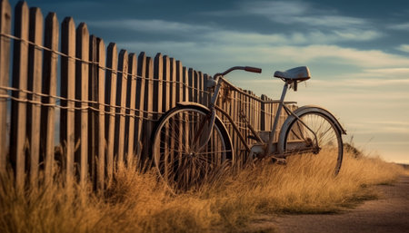 Old fashioned bicycle on grass, sunset illuminates tranquil rural landscape generated by artificial intelligenceの素材