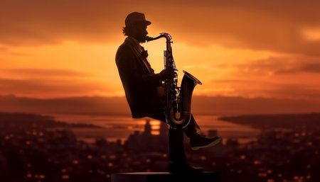 Saxophonist playing at sunset, musician silhouette backlit by sunlight generated by artificial intelligenceの素材