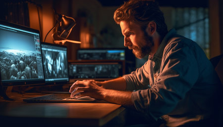 A young man, expert programmer, working late at office generated by artificial intelligenceの素材
