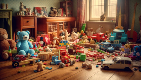 Cute child playing with toy car, surrounded by colorful decorations generated by artificial intelligenceの素材