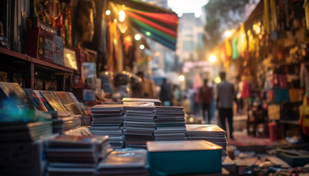 Busy bookstore illuminated at night, selling a variety of literature generated by artificial intelligenceの素材