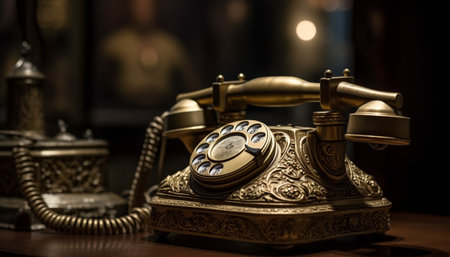 Old fashioned rotary phone on table, a nostalgic communication connection generated by artificial intelligenceの素材