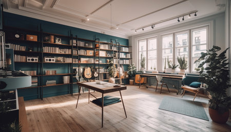 Modern home interior with elegant wood furniture and comfortable chair generated by artificial intelligenceの素材