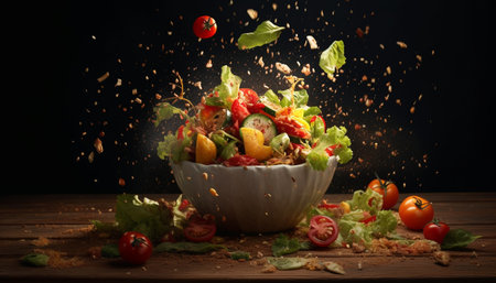 Fresh, healthy, organic salad with autumn pumpkin on wooden table generated by artificial intelligenceの素材