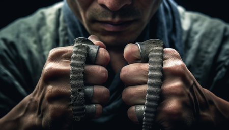 Two young adult males working together, holding hands in close up generated by artificial intelligenceの素材