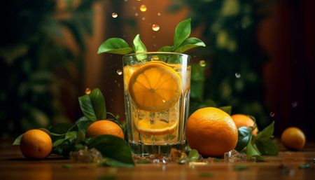 Freshness of citrus fruit on table, leaf, lemon, wood material generated by artificial intelligenceの素材