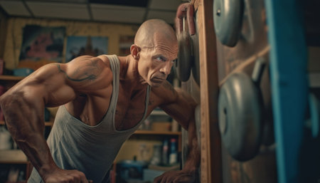 Muscular athlete exercising strength indoors, bodybuilding with determination and concentration generated by artificial intelligenceの素材