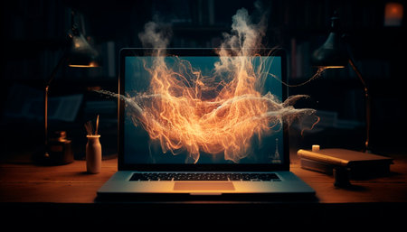 A glowing laptop on a dark table, working indoors at night generated by artificial intelligenceの素材