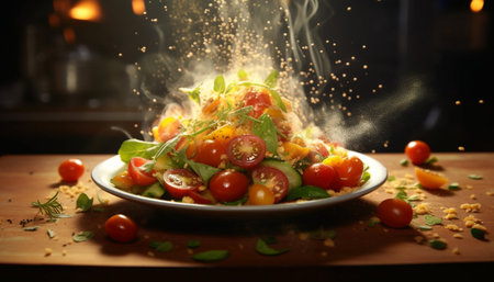 Fresh tomato salad, a healthy gourmet meal on wooden table generated by artificial intelligenceの素材