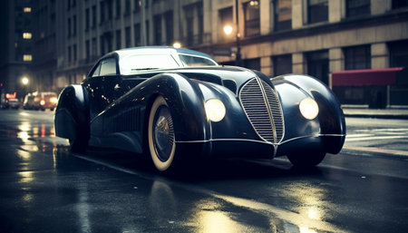 A shiny sports car speeds through the city streets at night generated by artificial intelligenceの素材