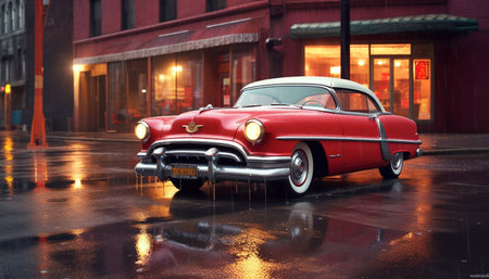 Vintage car shines in the night, reflecting city old architecture generated by artificial intelligenceの素材