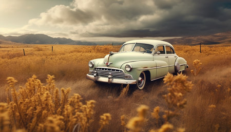 Old fashioned vintage car drives through the rural meadow under blue sky generated by artificial intelligenceの素材