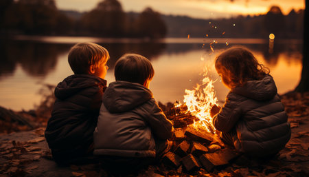 Children sitting by a bonfire, enjoying nature and togetherness generated by artificial intelligenceの素材