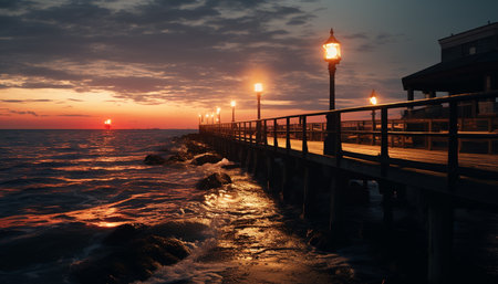 Tranquil sunset over water, nature beauty in a serene landscape generated by artificial intelligenceの素材
