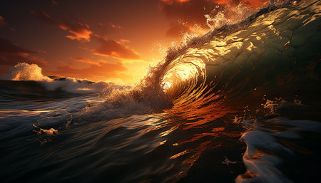 Sunset over the ocean, waves crashing, nature beauty on display generated by artificial intelligenceの素材