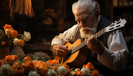 Senior adult playing guitar, smiling, sitting, indoors, one person, acoustic guitar generated by artificial intelligenceの素材