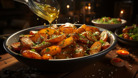 Freshness and flavor on a rustic table, grilled vegetables and meat generated by artificial intelligenceの素材