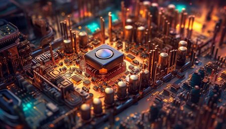 Technology connects us through complex computer circuits and electrical components generated by artificial intelligenceの素材