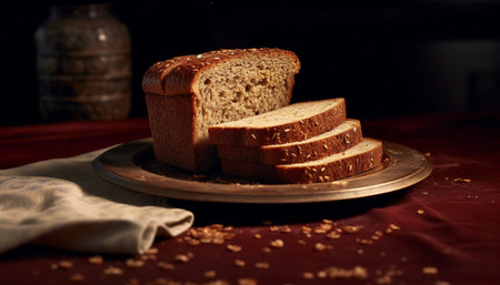 Freshly baked bread on wooden table, a gourmet slice of heaven generated by artificial intelligenceの素材