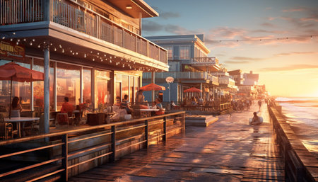 Sunset over the water, table outdoors, relaxation, summer vacation destination generated by artificial intelligenceの素材