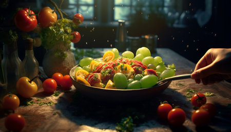 Fresh, organic vegetables on wooden table, healthy, gourmet, vegetarian meal generated by artificial intelligenceの素材