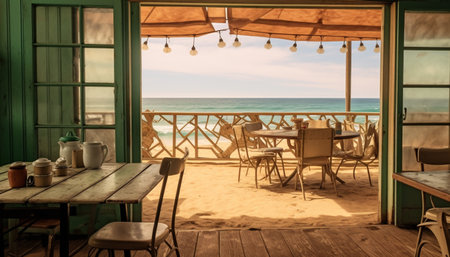 Wooden table and chair on a patio overlooking tranquil coastline generated by artificial intelligenceの素材
