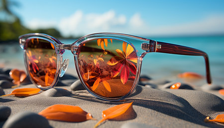 Sunglasses reflect sunlight, enhancing summer vacations in tropical tourist resorts generated by artificial intelligenceの素材