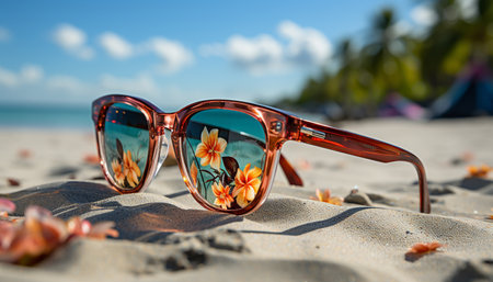 Sunset on the beach, relaxation in sunglasses generated by artificial intelligenceの素材
