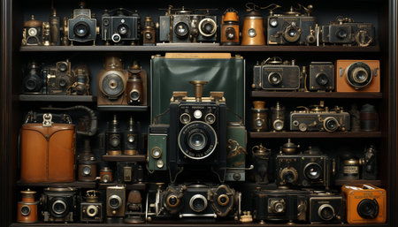 Antique camera, old lens, obsolete technology, photographer collection, nostalgic photograph generated by artificial intelligenceの素材
