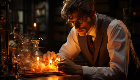A young businessman sitting at a table, holding a candle generated by artificial intelligenceの素材