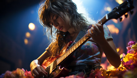A young adult musician playing an acoustic guitar on stage generated by artificial intelligenceの素材