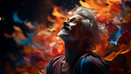 A smiling man with a beard enjoys the fiery night outdoors generated by artificial intelligenceの素材